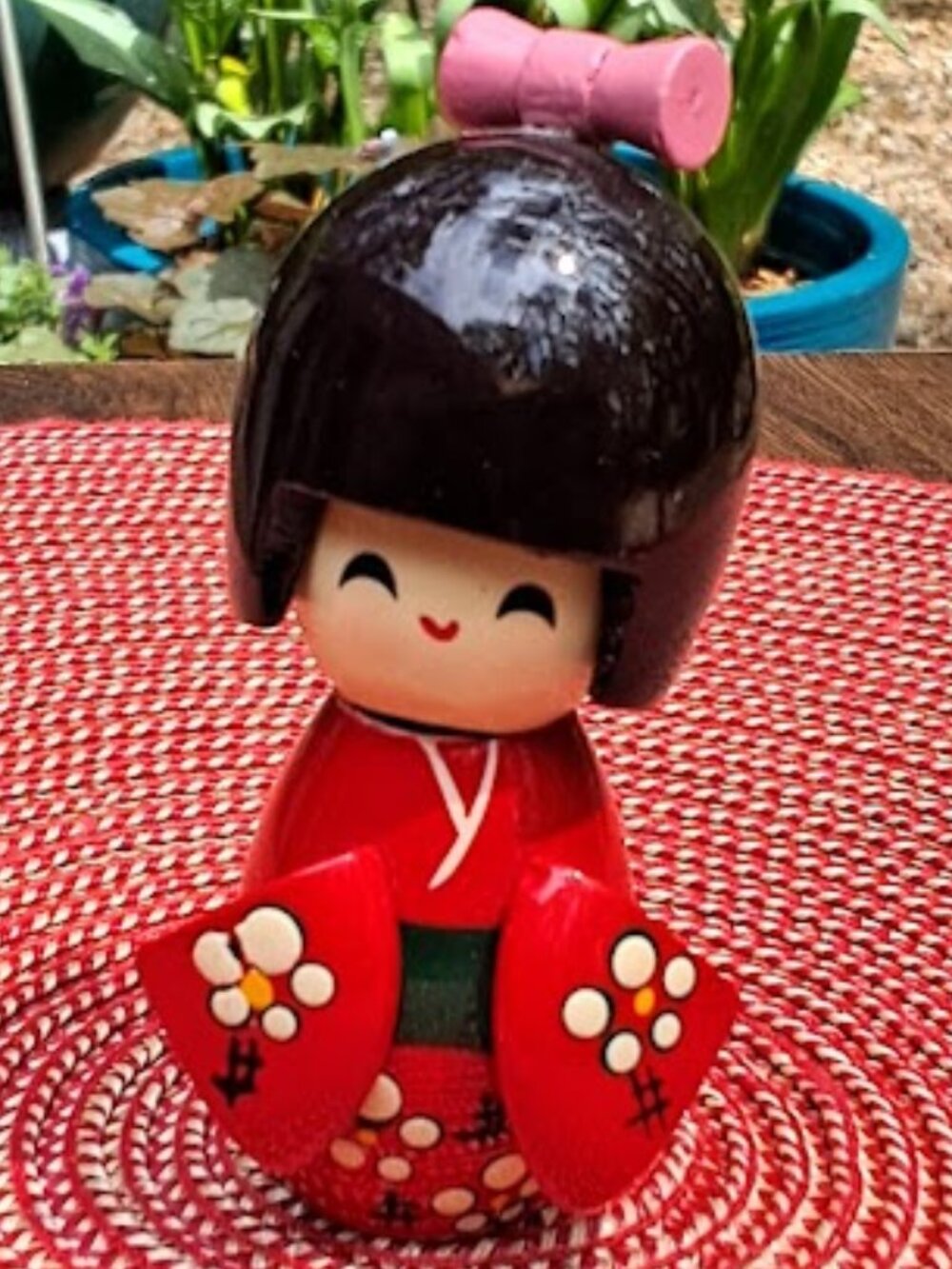 Japanese Kokeshi Doll Wooden Handcrafted Bright Red Kimono